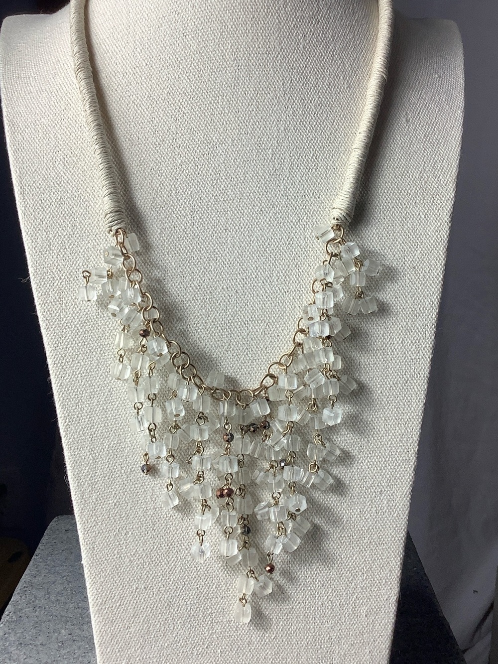 Anthropologie Gold-Tone Necklace with Cream Bead Fringe